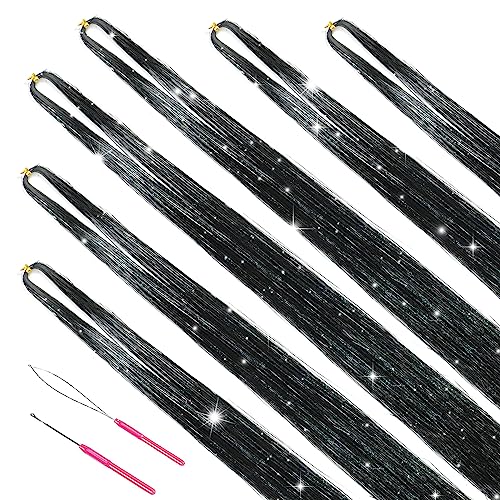 Black Hair Tinsel Kit with 1200 Strands & Tools - 48 Inch