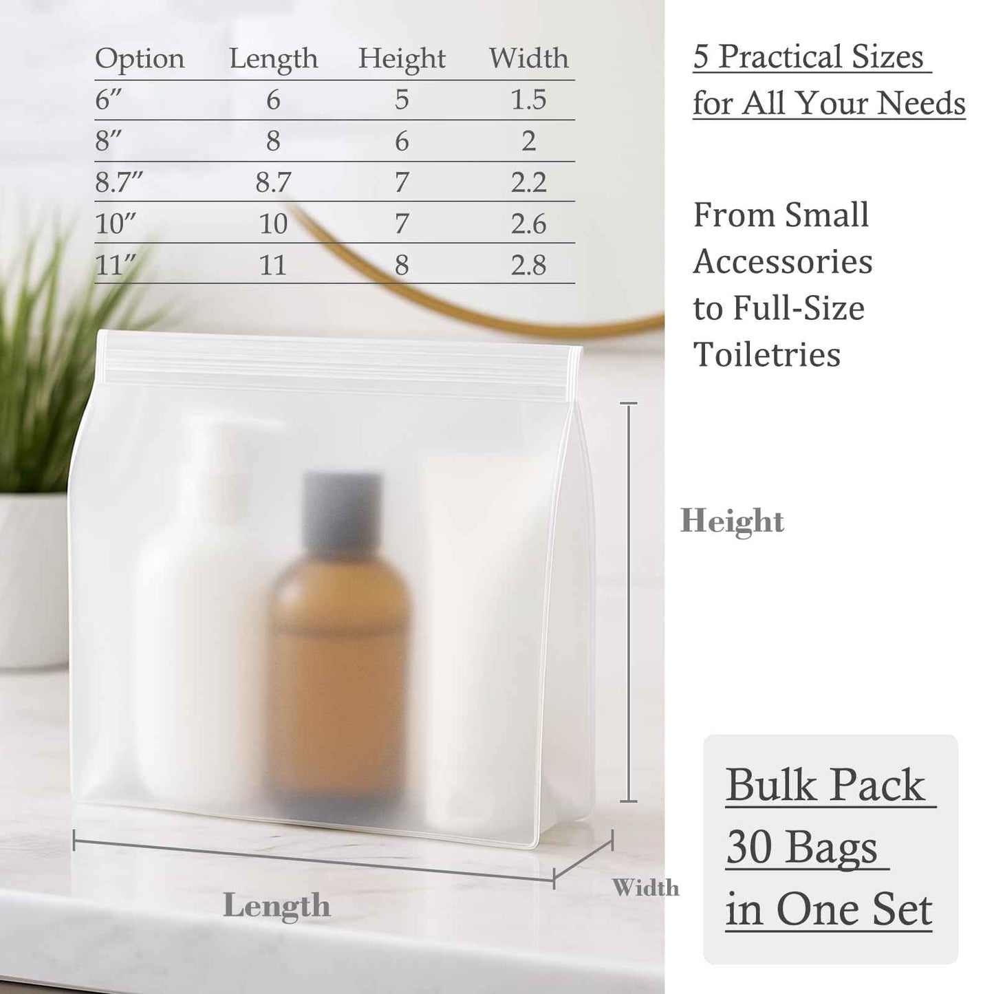 Circloophs 30 Pack Clear Makeup Bag Organizer Cosmetic Zipper Pouch TSA Approved Small Travel Pouches Transparent EVA Reusable Water-resistant Plastic Clear Gift Bags Bulk, Frosted, 10” x 7” x 2.6”