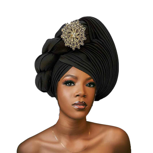 Nigerian for Women Turban Head Wrap Hats with Diamond African Gele Headties Female Handmade Sewing Women Hats for Party (US, Alpha, One Size, Black)