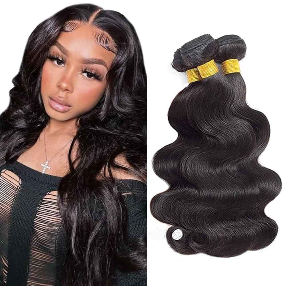 Human Hair Bundle Natural Black Body Wave Bundles 12 14 16 inch 100% Unprocessed Brazilian Virgin Hair 3 Bundles #1b Color Natural Black 150g