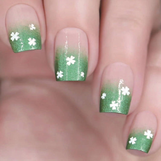 SINHOT St. Patrick's Day Press on Nails Short Square Spring Nails Shamrock French Fake Nails with Glue Green Nails False Nails Squoval Acrylic Nails 24pcs