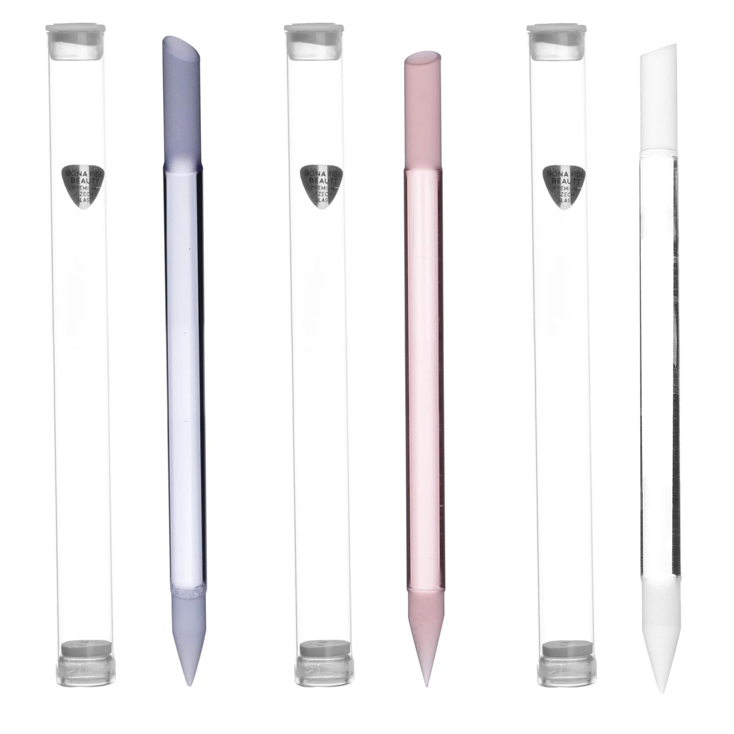BONA FIDE BEAUTY Premium Czech Glass Cuticle Pusher Set, 3-Pieces Manicure Stick Bundle - Clear, Blue, and Pink