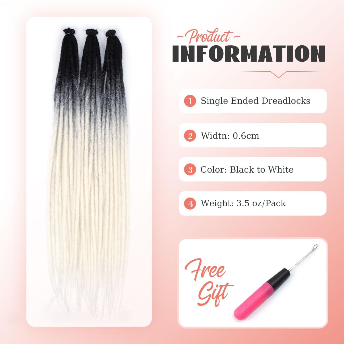 Sangtok 24 inch 30 pcs Dreadlock Extensions Single Ended, Black to White Thin 0.6cm Dreads Extensions, Synthetic Dreadlock Extensions Reggae Hippie Crochet Dreads for Women