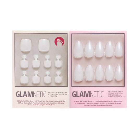 Glamnetic Press On Nails & Toenails - Hailey | Soft Pearl White Fake Nails & Toenails with a Glossy Finish | 15 Sizes - 30 Nail Kit with Glue & 16 Sizes - 32 Toe Nail Kit with Glue