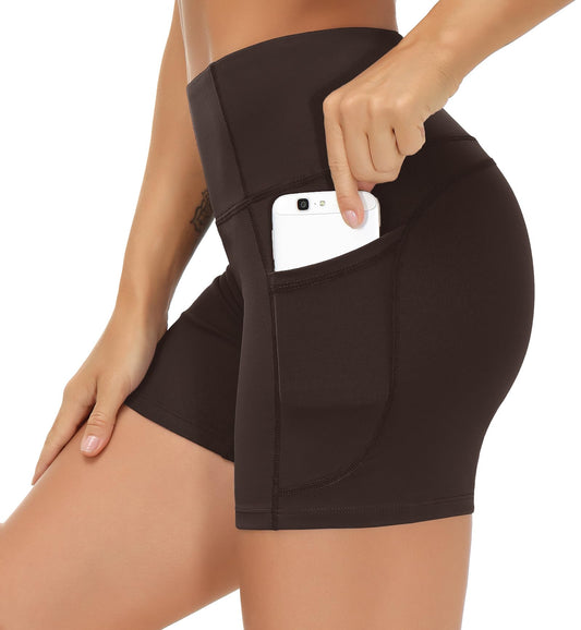 THE GYM PEOPLE High Waist Yoga Shorts for Women's Tummy Control Fitness Athletic Workout Running Shorts with Deep Pockets Brown