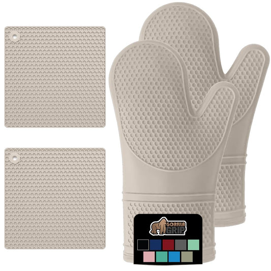 Gorilla Grip Heat and Slip Resistant 4 Piece Silicone Oven Mitt and Trivets Set, Waterproof, Cotton Lined Gloves, BPA-Free, Long Cooking Mitts and Trivet Mats, Kitchen Potholder Sets for Pans, Black