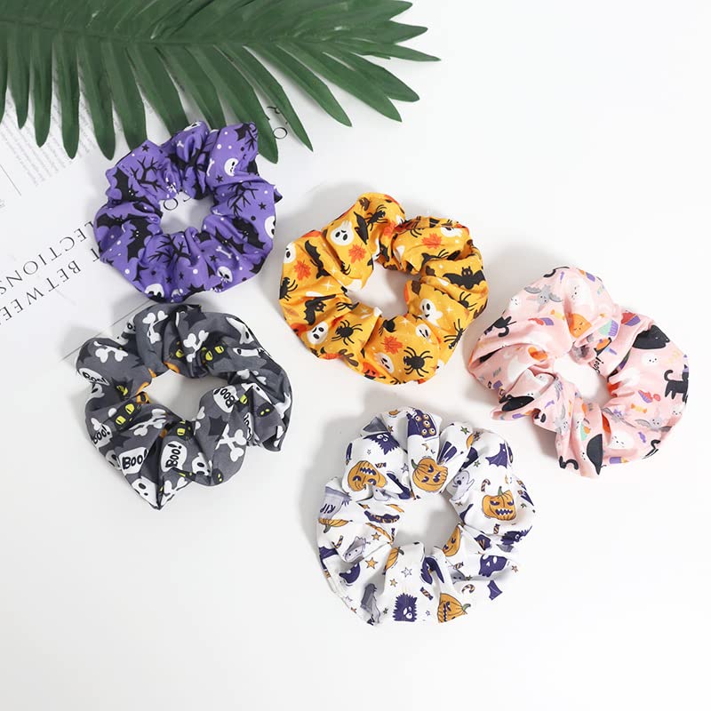 5PCS Hair Ties Halloween Ghosts Bat Spider Web Soft Fall Pumpkin Skull Hair Scrunchies Scrunchy Elastics Hair Bands Gifts Ponytail Holder Accessories for Women Girls (Halloween)