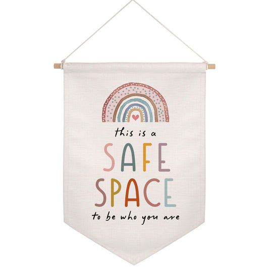 This is a Safe Space to Be Who You Are Neutral Positivity Art Children's Playroom Wall Hanging Banner Rainbow Classroom Wall Decor Banner Therapy Office School Counselor Hanging Decor