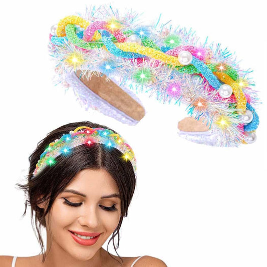 Barode Colorful Light Up Headband Pearls LED Hair Hoop Monarch Luminous Headpiece Crown Wide Headbands Sparkle Hairband Bling Hair Accessories for Women (With pearls)