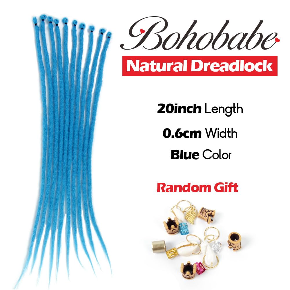 BOHOBABE 20" Thin Synthetic Dreadlock Extensions 0.6cm 12 Strands Soft Handmade Reggae Dreadlocks Extension 20 Inch Blue Dreads Loc (12 Strands,Blue)