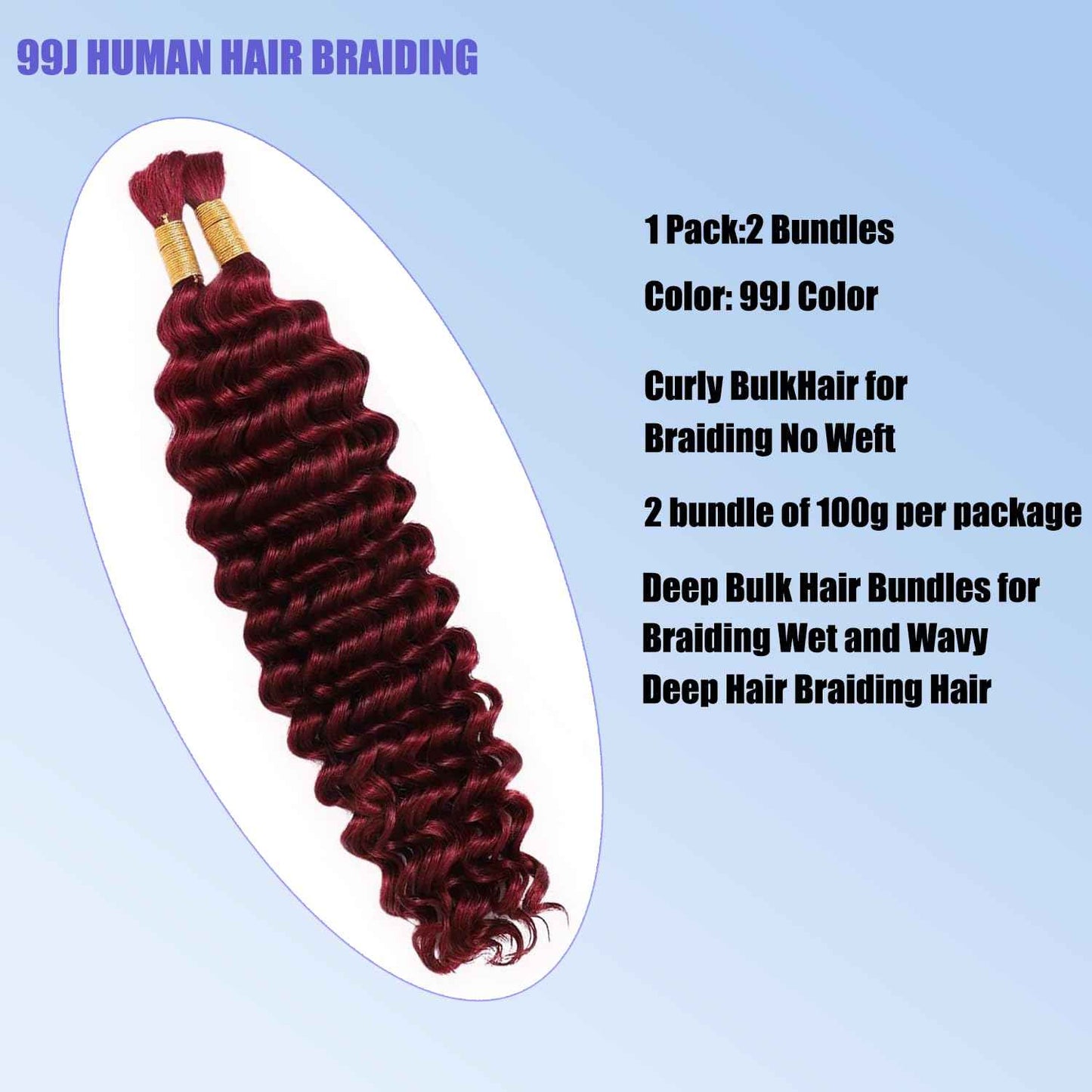 Dabork Human Braiding Hair 24 Inch 100g 2 Bundles/Pack Bulk Deep Wave No Weft Human Hair for Boho Box Braids Extensions 99J Burgundy