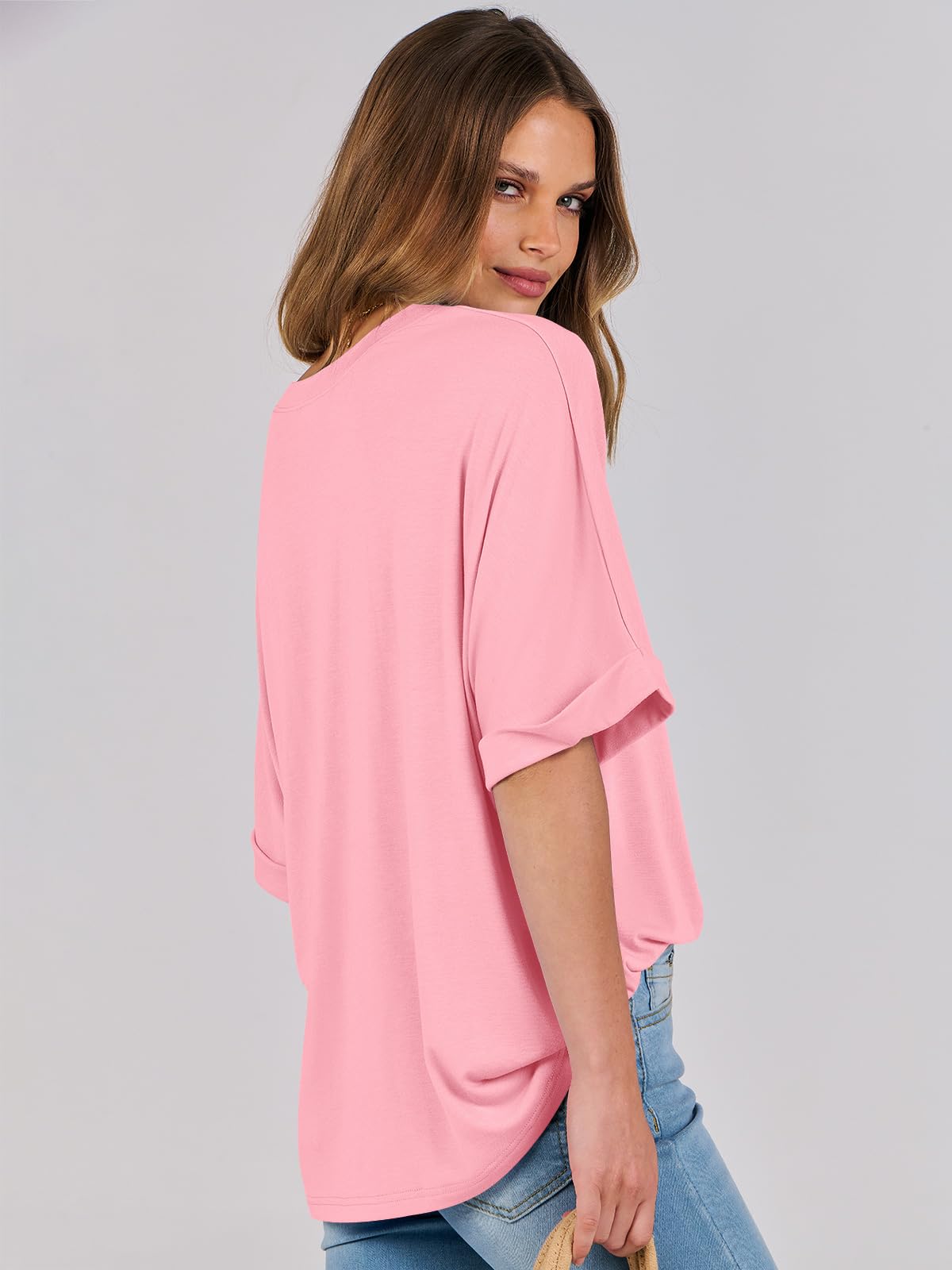 ANRABESS Women's Oversized T Shirts Short Sleeve Crewneck Summer Tops Casual Loose Basic Tee Shirts 2024 Trendy Clothes Pink Small