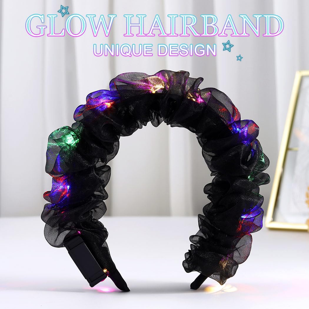 REETAN Christmas Light up Headband Sparkly Pleated Xmas Hairpiece LED Festival Hair Accessories for Women and Girls (Black)