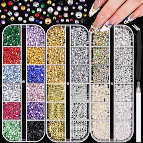 10000Pcs Colorful Nail Rhinestones and Charms for Nail Art, Flatback Nail Pearls and Caviar Nail Beads(Silver+Gold), Bedazzling Rhinestones Jewels Kit Nail Gems Pearl Nail Charms for Manicure Decor