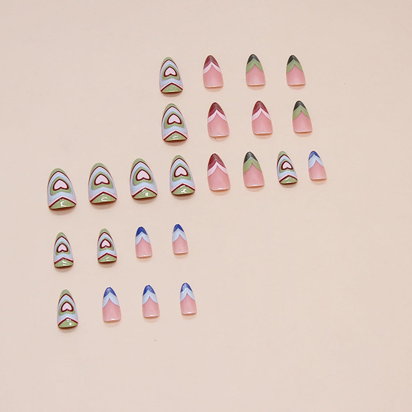 Long Press on Nails Almond Fake Nails Nude Pink RIICFDD False Nails with Colorful Glitter Heart Pattern Designs Artificial Glossy Full Cover Cute False Nails for Women and Girls Acrylic Nails 24Pcs