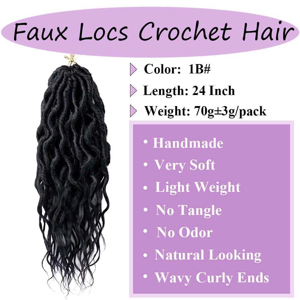 6 Packs Faux Locs Crochet Hair 24 Inch Soft Locs Crochet Braid Pre Looped Goddess Locs Crochet Hair for Women Queen Locs Crochet Braids with Curly Ends Synthetic Braiding Hair Extensions