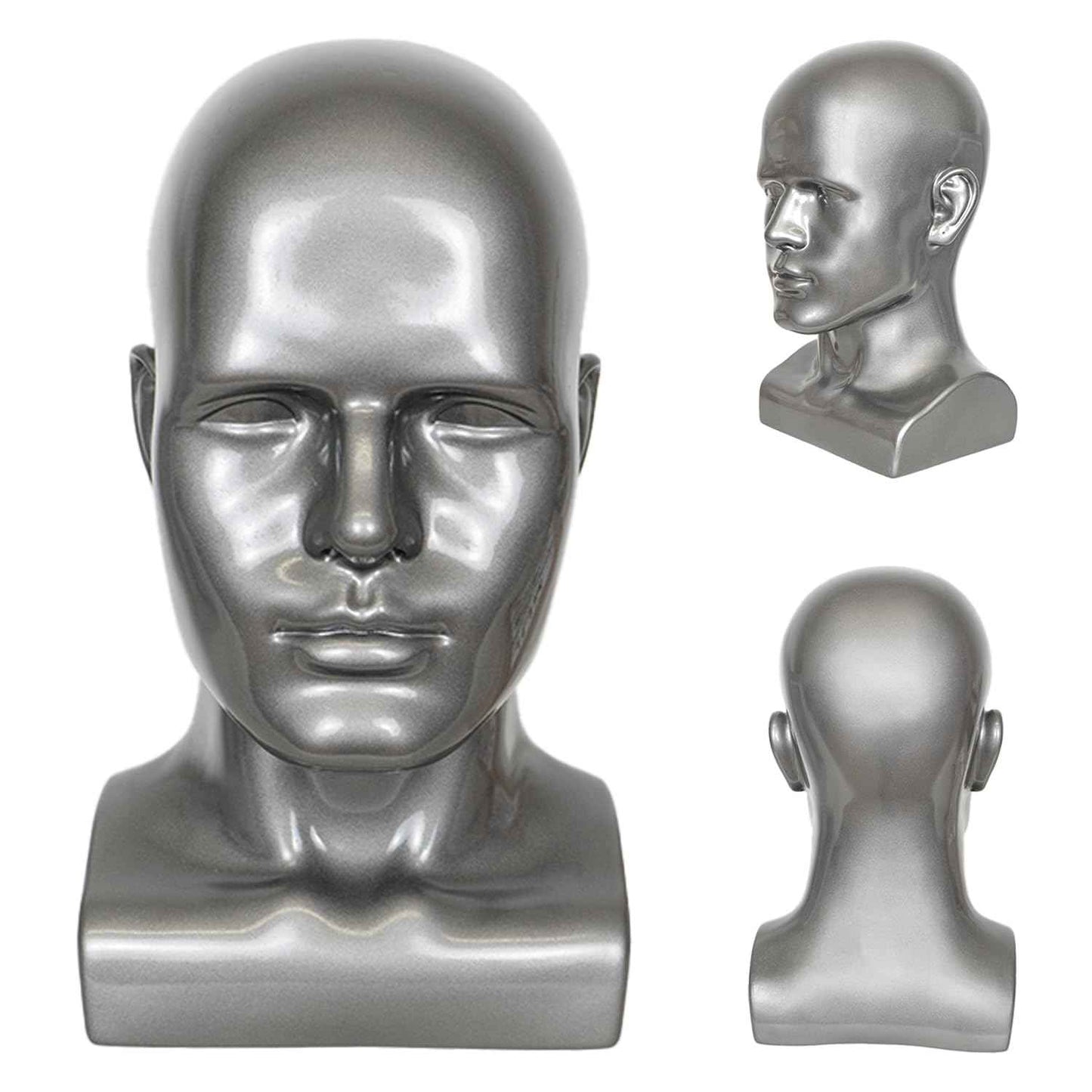 Male Mannequin Head, Metallic Gray Male Mannequin Head with Stand Professional Manikin Head, Bald Training Head for Display Wigs (Gray)