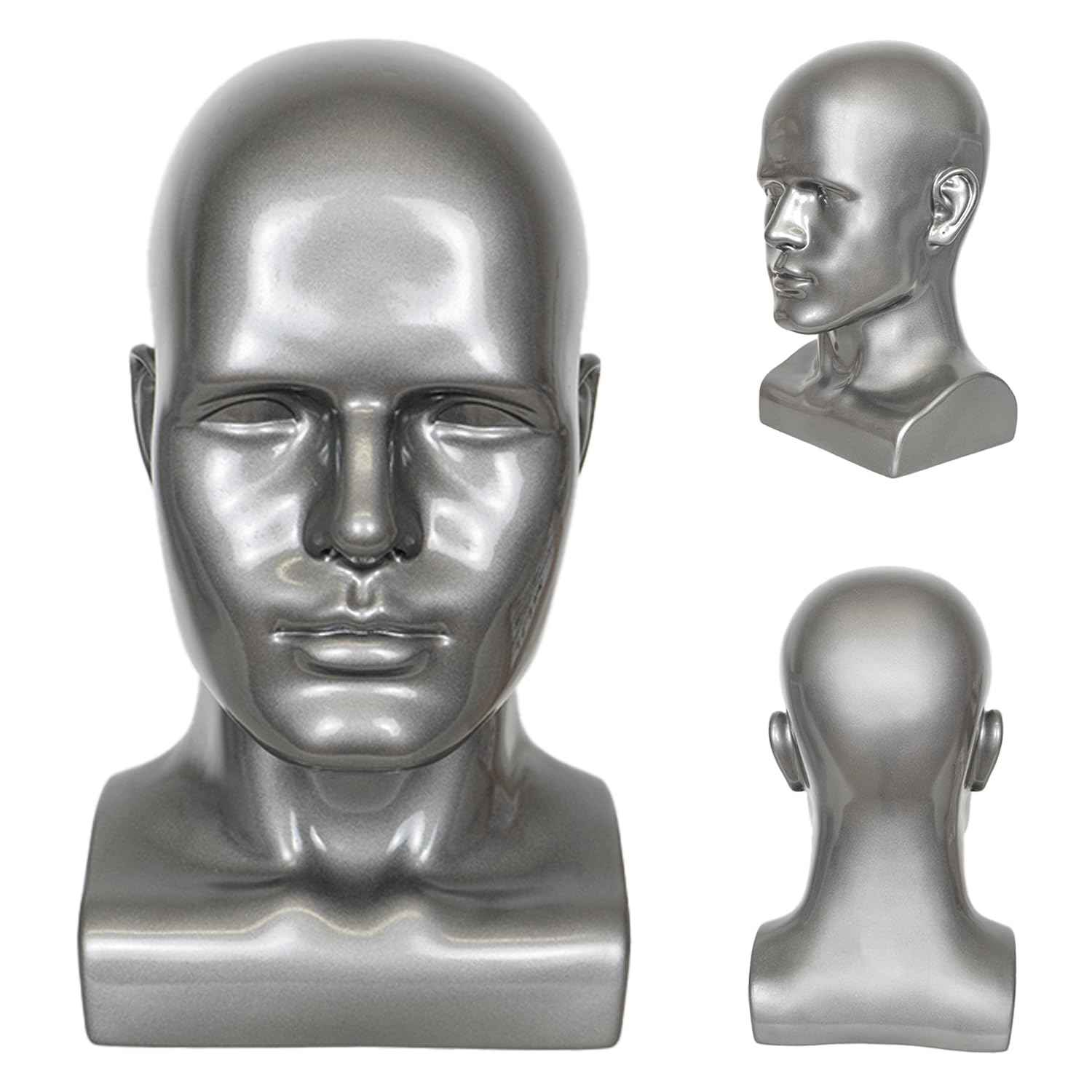 Male Mannequin Head, Metallic Gray Male Mannequin Head with Stand Professional Manikin Head, Bald Training Head for Display Wigs (Gray)