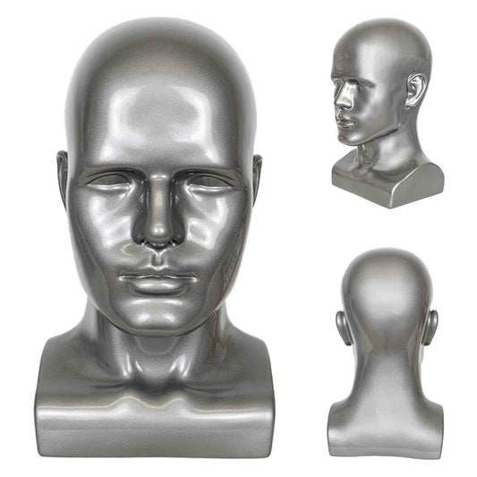 Male Mannequin Head, Metallic Gray Male Mannequin Head with Stand Professional Manikin Head, Bald Training Head for Display Wigs (Gray)