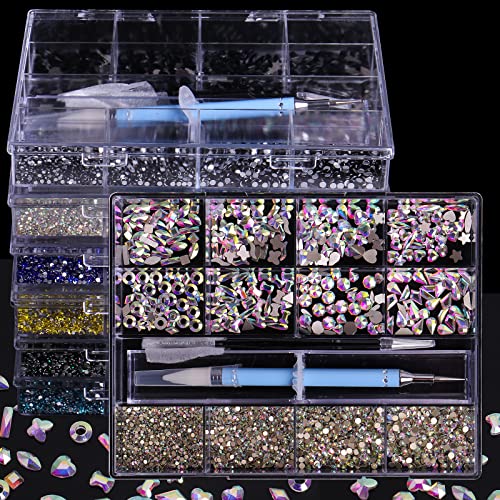 3320Pcs Black Nail Art Rhinestones Crystal,HOINCO 3D Rhinestones Gems Jewels Diamond,24 Types of 320 Diamonds + 3000 Round Beads, Crystals 3D Flat Back Gemstones for Nail DIY Crafts with Tweezers Pen