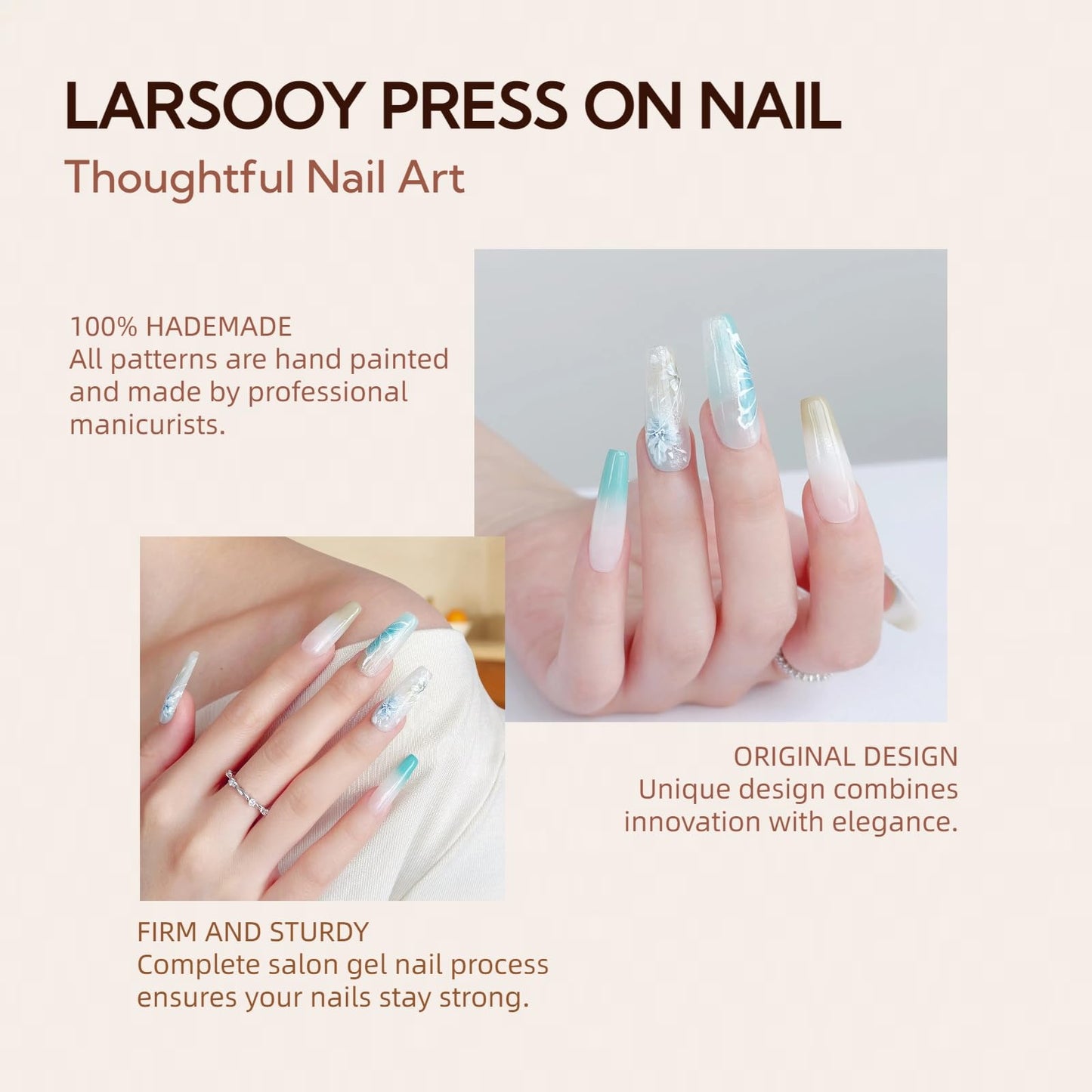 LARSOOY Nails Handmade Press on Nails Long Coffin | Hand Painted Nails with Exuding of Flowers | Reusable Fake Nails with Blue Butterfly Painting | False Nails 10 Pcs (Exude of Flowers, M)