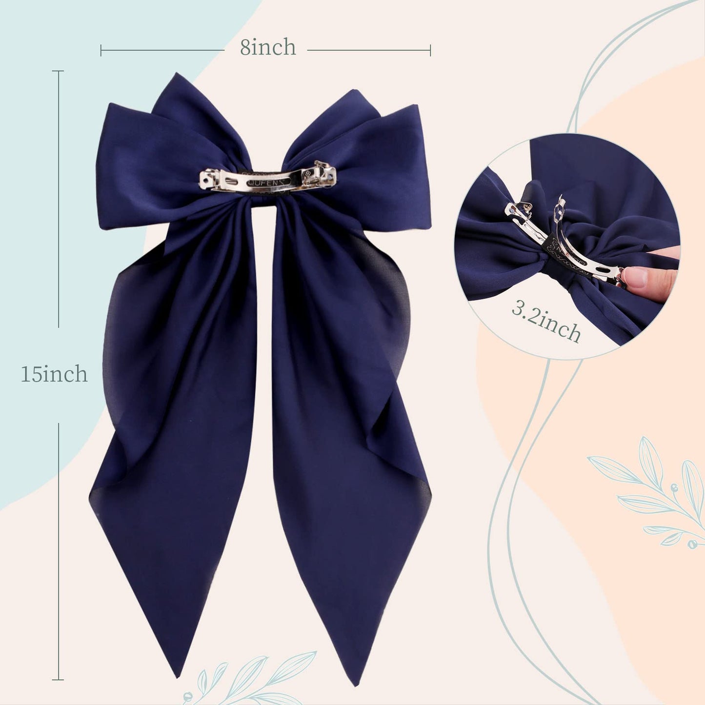 8Pcs Big Satin Layered Hair Bows for Women Girls 8 Inch Barrette Hair Clip Long Black Ribbon Bows French Style Hair Accessories (Big bow style)