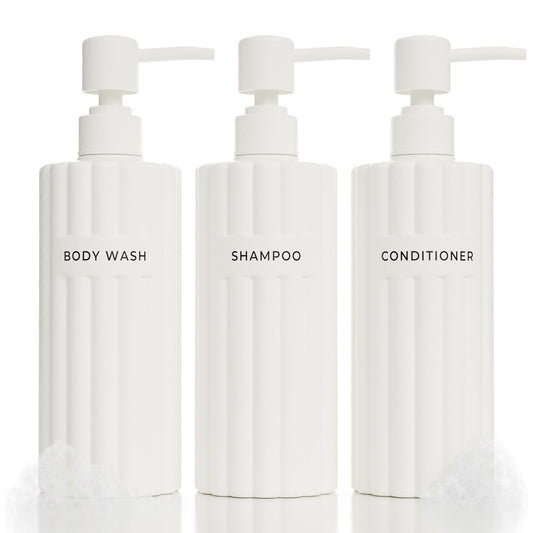 Stylish Shampoo and Conditioner Dispenser Set of 3 - Modern 19oz Shower Soap Bottles with Pump and Labels - Easy to Refill Body Wash Dispensers for an Instant Bathroom Decor Upgrade
