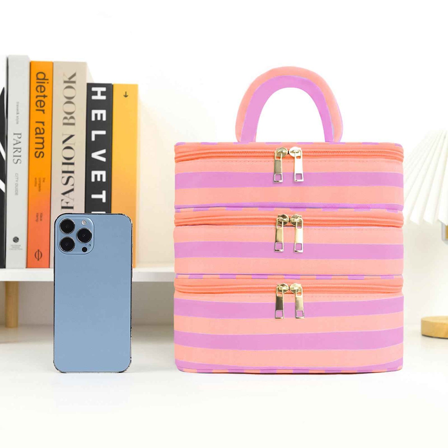 Apxouans Three Layer Makeup Bag for Women Fashion Stripes Cosmetic Bag Preppy Style Travel Water-Resistant Toiletry Bag for Storage Toiletries Cosmetics Sets for Women Teen Girls Purple