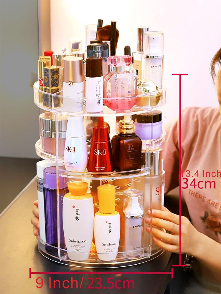 Cq acrylic 360 Rotating Makeup Organizer 4 Tiered Clear Round Spinning Skincare Organizer for Vanity,Lazy Susan Carousel Bathroom Beauty Standing Organizer Tower Skin Care Holder Dressing Table