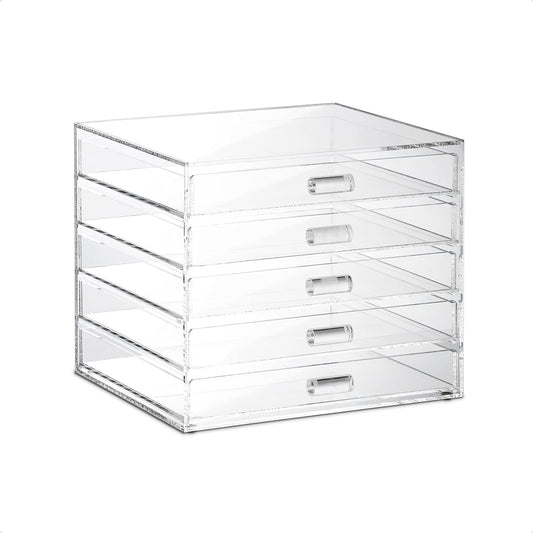 Ikee Design Large Premium Acrylic Jewelry Organizers with 5 Drawers, Acrylic Jewelry Box, Jewelry Display Organizer, Ideal for Vanity,Bathroom,Desktop, 8.5W x 7.25D x 7.25H in (No Pad includes)