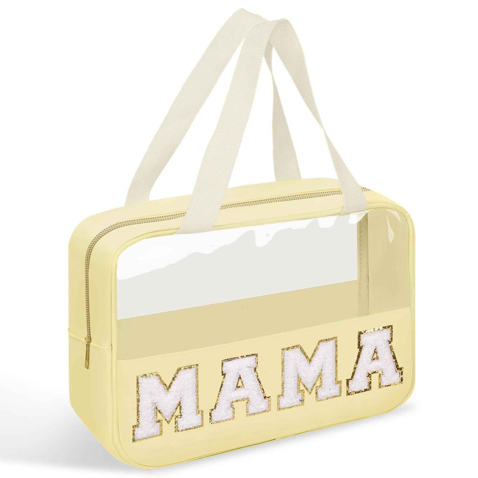 Chenille Letter Patches Clear MAMA Cosmetic Bag, Large PVC & Nylon Preppy Makeup Bag Zipper Makeup Pouch with Handle, Portable Waterproof Travel Toiletry Bag Tote Bag for Women Girls(Beige MAMA)