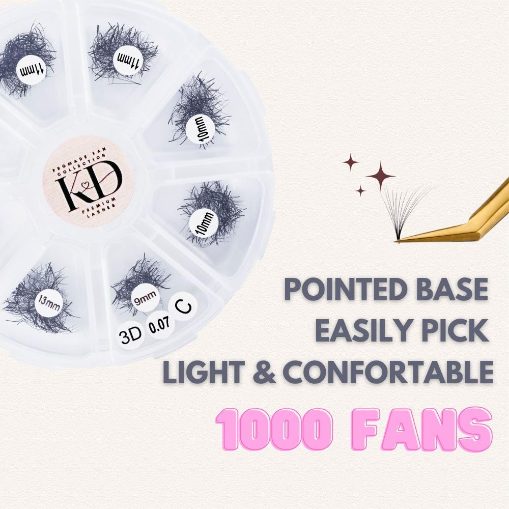 1000 Promade Fan Mix Tray | 3D,4D,5D,9D,12D | 0.05/0.07 Thickness| Size 9-14mm Mix Length C,D Curl Mutiple Options,Handmade Loose Promade Lash Fans Extensions. (MIX 10MM- 14MM, 4D-0.07-C)