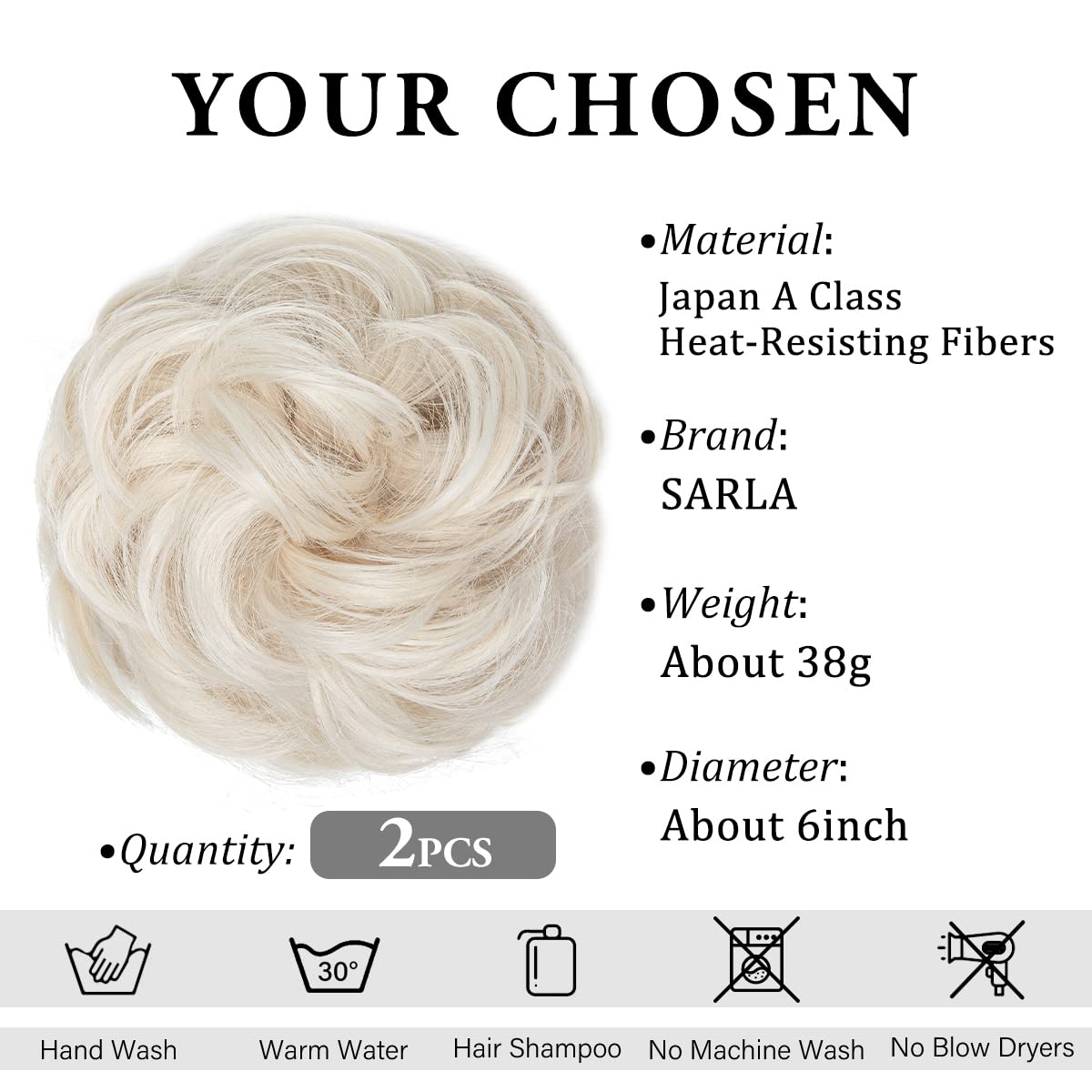 SARLA Updo Messy Bun Hair Piece White Blonde Synthetic Fake Scrunchies Ponytail Extension Wavy Curly for Women Girls 2PCS