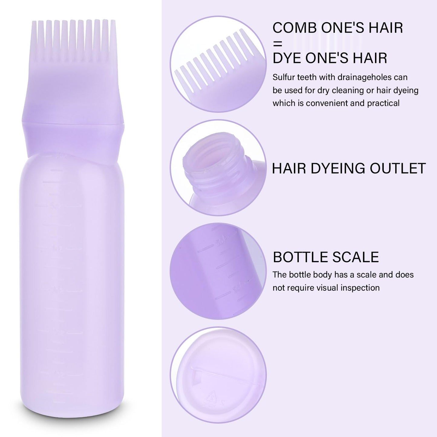 WY LIGHTING LEVEL 2 Pack Hair Oiling Applicator, Root Comb Applicator Bottle, 6 OZ Plastic Hair Oil Squeeze Bottles with Graduated Scale, Hair Dye Bottle for Hair Care(Purple)