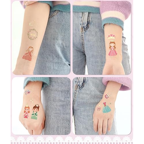 Temporary Tattoos, Waterproof Fake Tattoos Body Art for Kids and Adults, Party Favors and Events, 12-Sheet Pink Princess Dresses Designs