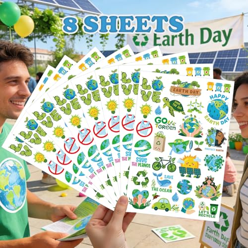Earth Day Temporary Tattoo Stickers, 8 Sheets 200+ Designs