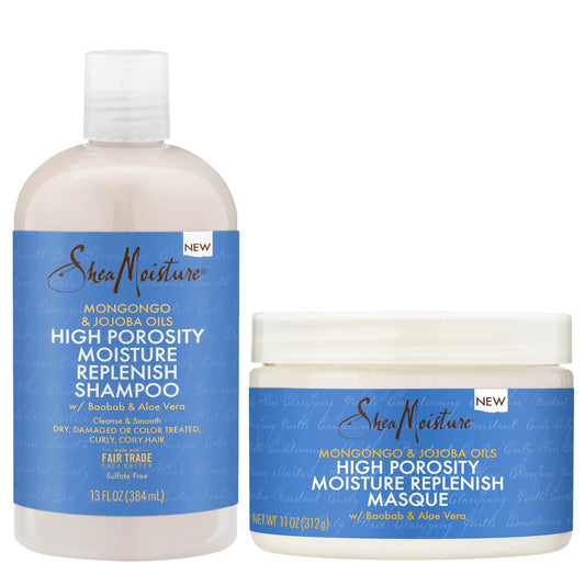 SheaMoisture Shampoo & Hair Mask, Replenish Bundle for High Porosity Hair - Moisturizing Shampoo + Deep Conditioning Hair Mask for Damaged Hair, Curly, Dry Hair (2 Piece Set)