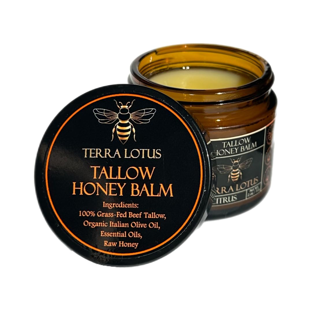 Terra Lotus Organic Grass-Fed Beef Tallow Balm with Raw Honey - Moisturizing Cream for Soft, Smooth Skin - Handmade All-Natural Moisturizer - 2oz (Lavender)