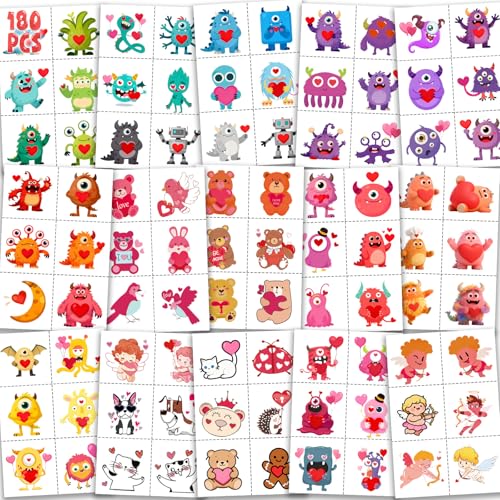180Pcs Valentines-Day Tattoos - Galentine Monster Tattoos Pre-Cut Individually Wrapped Temporary Tattoo Stickers Goodies Bags Stuffers Gifts