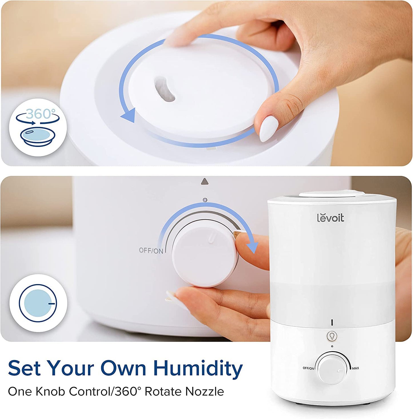 LEVOIT Humidifiers for Bedroom with Night Light(3L Water Tank)Cool Mist Top Fill Essential Oil Diffuser for Baby Nursery and Plants, 360° Nozzle, Quiet, Rapid Humidification for Home Large Room, White