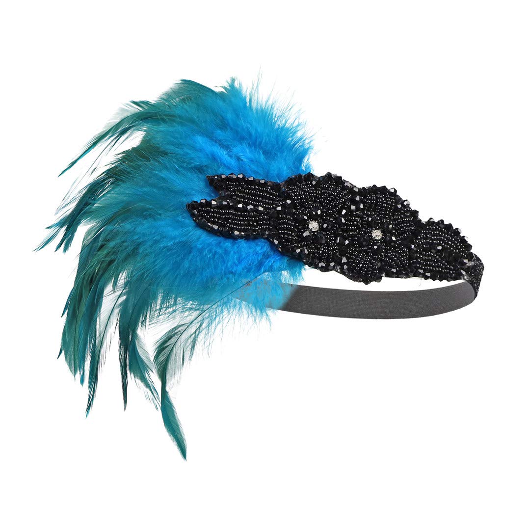 Lovfingu Women's 1920s Great Gatsby Headband Vintage Feather Flapper 20s Headpiece Vintage Sky Party Hair Accessories0Blue