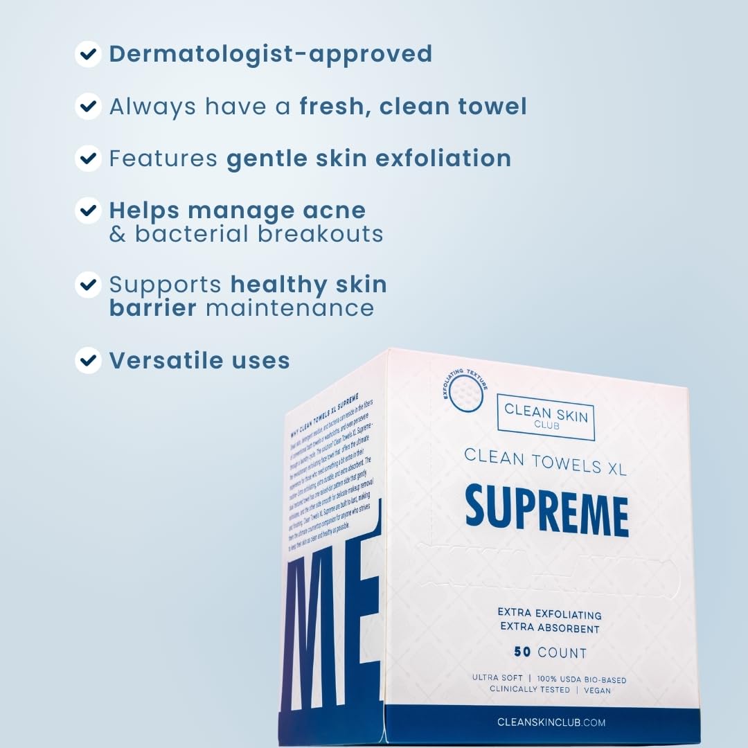 Clean Skin Club Clean Towels XL™ Supreme, 100% USDA Biobased Dermatologist Approved Face Towel, Gentle Exfoliation, Disposable Facial Washcloth, Makeup Remover Dry Wipes, 50 Count