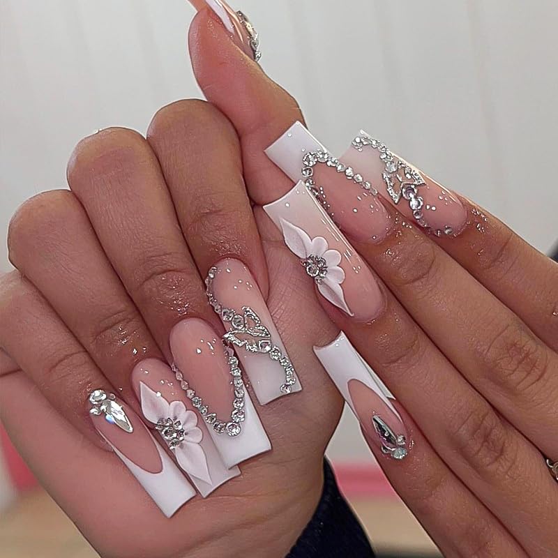 French Tip Press on Nails Long Square Fake Nails Nude Acrylic Nails Silvery Butterfly Charm Rhinestone Design Pink Glue on Nails Full Cover Glossy Stick on Nails Daily Nail Art for Women 24Pcs