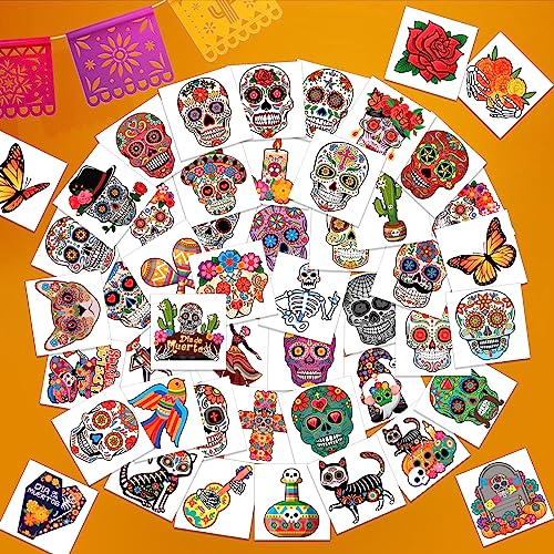 Day of the Dead Temporary Tattoos, 96pcs Sugar Skull Face Stickers