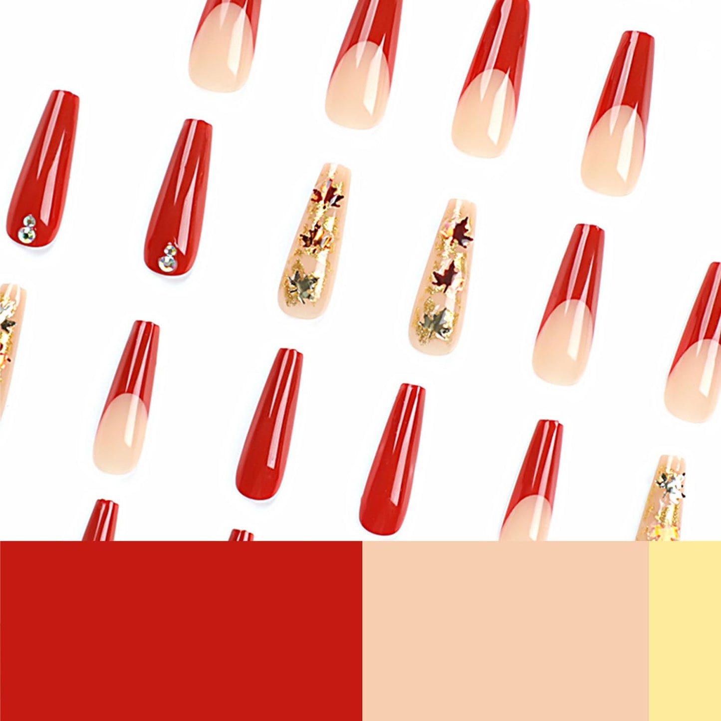 Red French Press on Nails Long Coffin Fake Nails Yellow Maple Leaves Glue on Nails Glitter Sequins Translucent Acrylic Nails Fall Extra Long Nails Glossy Rhinestone Stick on Nails for Women 24 Pcs