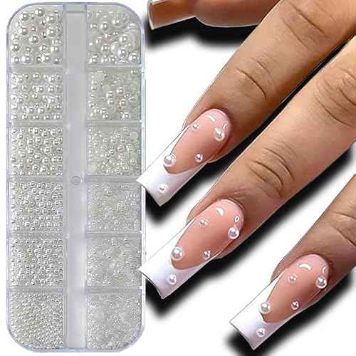 12 Grids Pearl Beads Nail Art Charms Nail Pearls White Pearl Charms for Nails Design Flat Back Pearls for Crafting Manicure Bead Kit Women Nail Beads Fingernail Decorations Cute Beads for Crafts
