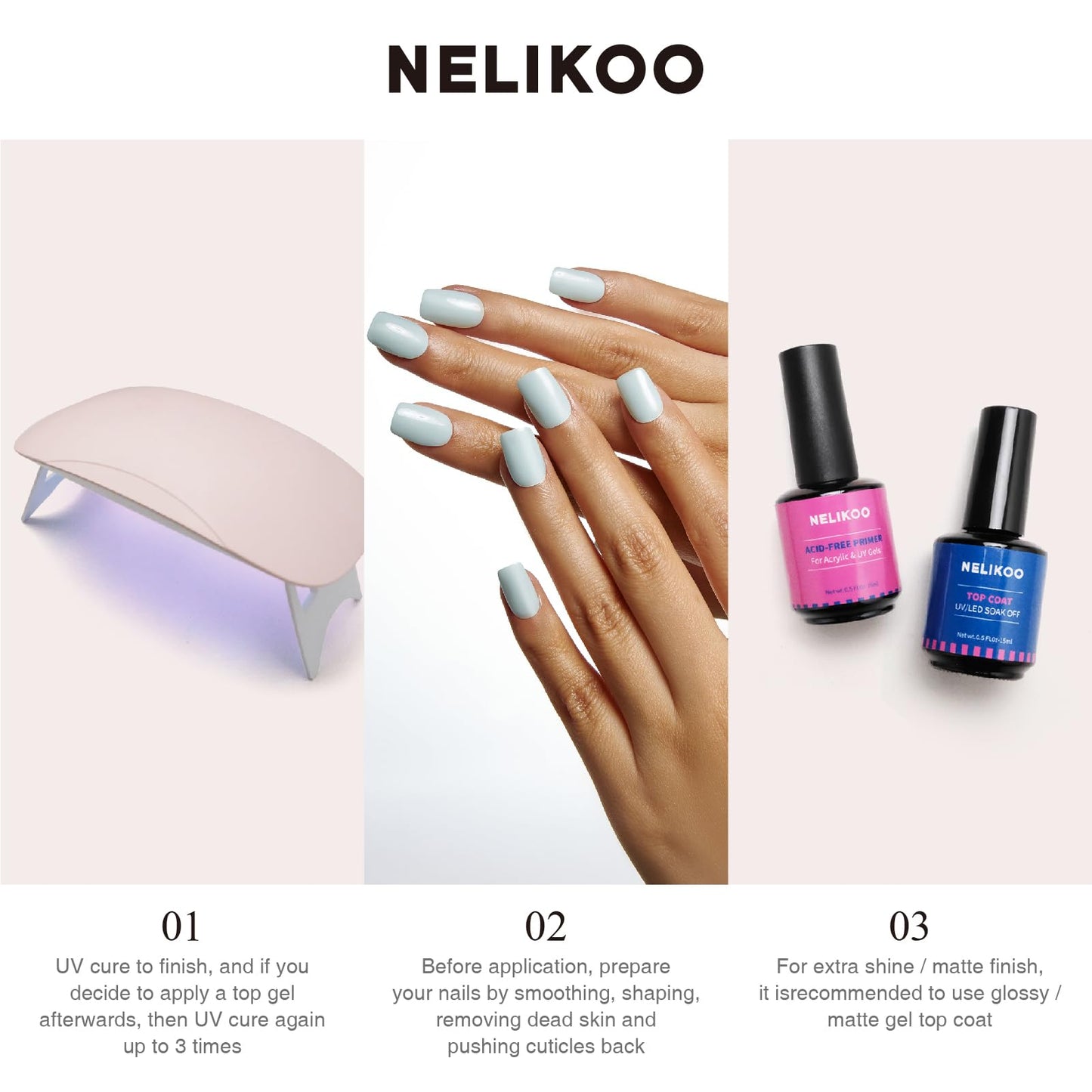 Nelikoo Semi Cured Gel Nail Strips, 20 pcs Gel Nail Stikers, Gel Nail Wraps Semi Cured, Salon-Quality, 2 Weeks Long Lasting