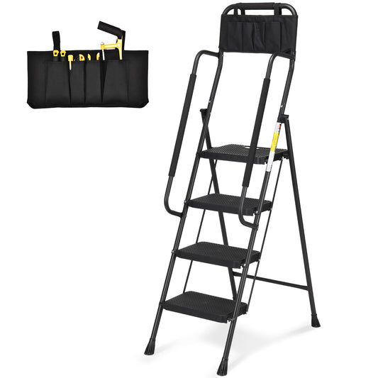 HBTower 4 Step Ladder with Handrails, Folding Step Stool with Wide Anti-Slip Pedal, 330lbs Sturdy Steel Ladder, Convenient Handgrip, Lightweight, Portable Steel Step Stool, Black, ZL02040201