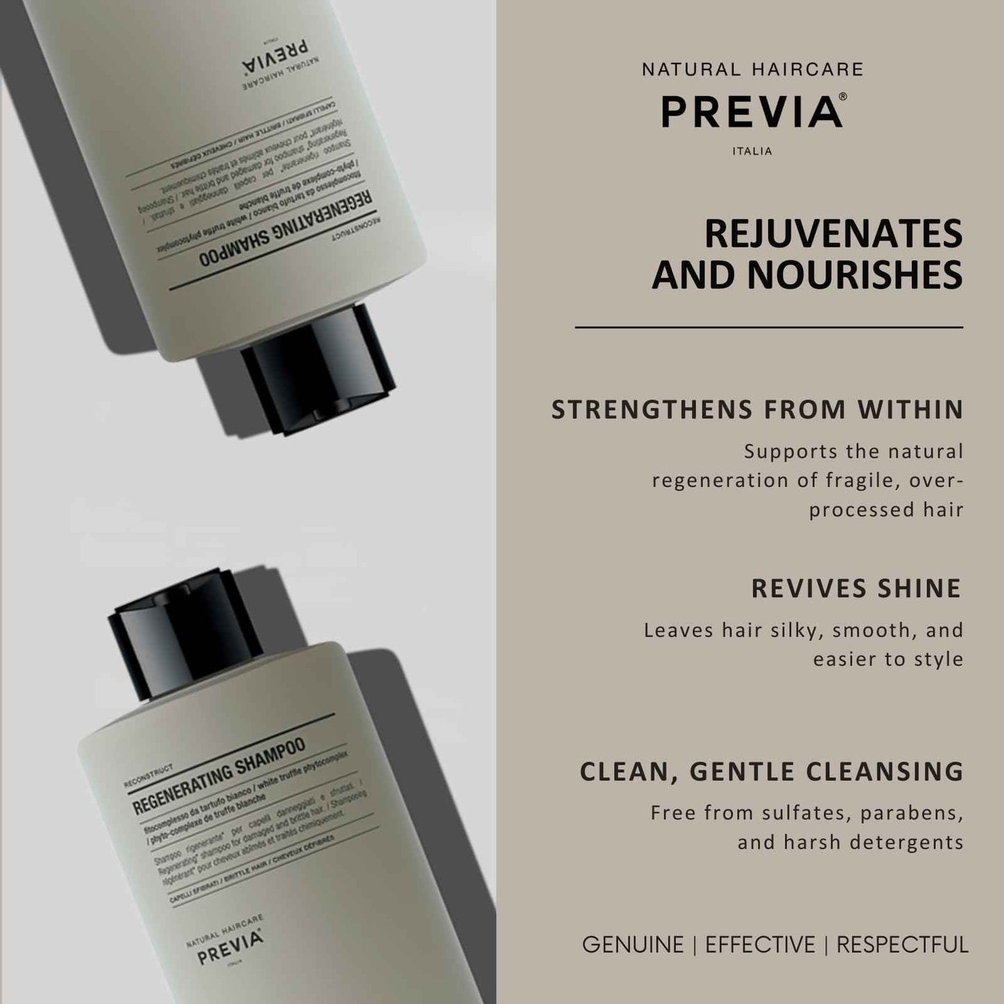 PREVIA Reconstruct Regenerating Shampoo | White Truffle & Organic Plant Extracts | Moisturizing Cleanser for Damaged, Brittle Hair | Vegan, Sulfate-Free, Eco Bio Formula | 11.5 oz
