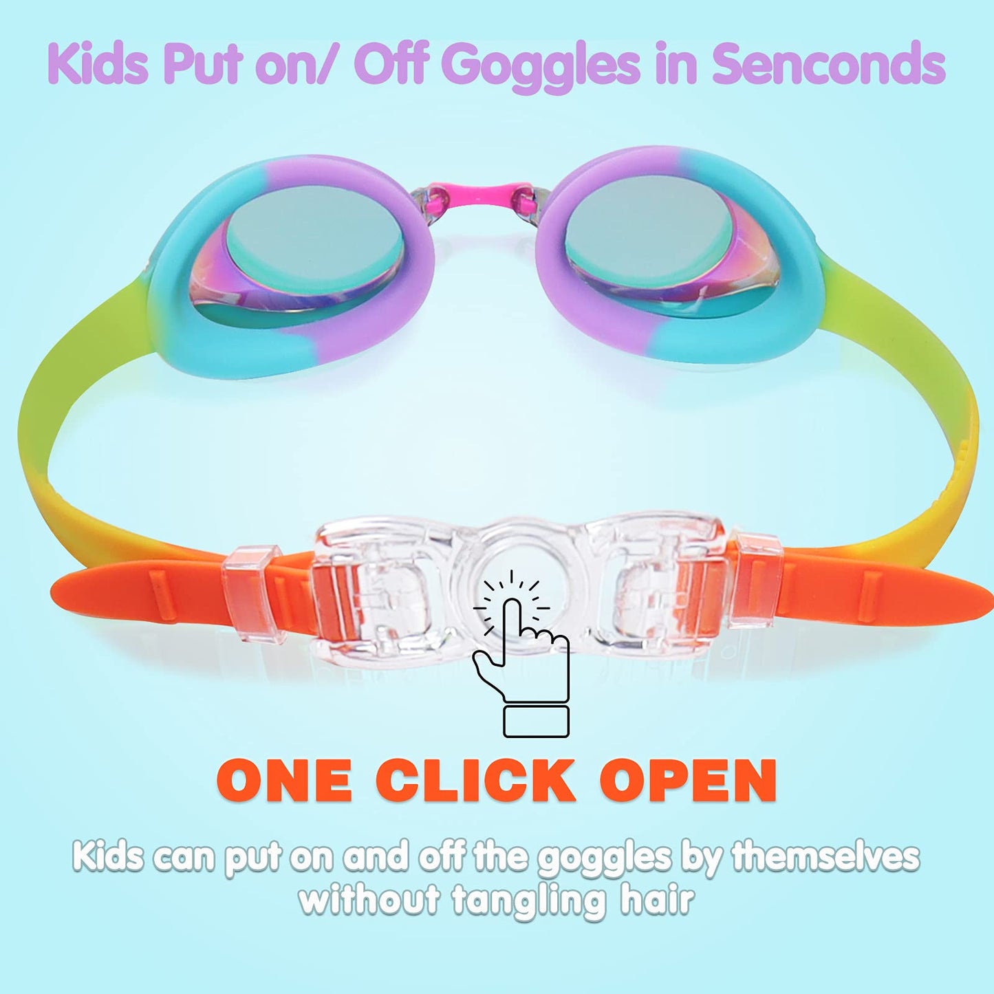 Kids Swim Goggles Swimming Goggles for Toddler Children Girls Boys Youth, Anti-Fog Waterproof UV Protection Clear Vision Mirror Flat Lens Water Pool Goggles with 3 Nose Piece, Rainbow Kids Goggles